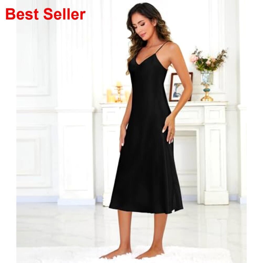 Long Satin Nightgown V-Neck Adjustable Straps Ruffle Hem Sleepwear - Picture 3 of 6